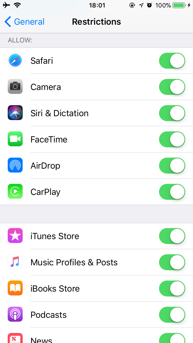 قابلیت restrictions در ios