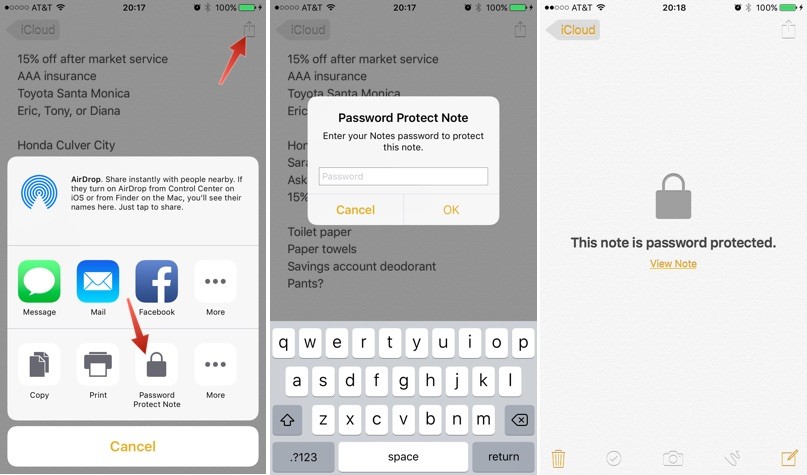 رمز گذاشتن روی یادداشت های برنامه Notes