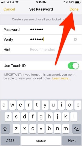 رمز گذاشتن روی یادداشت های برنامه Notes