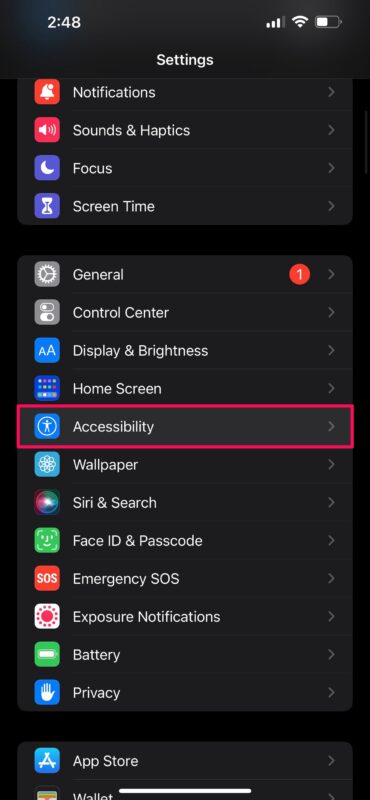 رفتن به منوی Accessibility از طریق اپلیکیشن Settings در آیفون‌ها