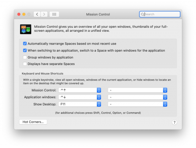 صفحه تنظیمات Mission Control در سیستم عامل مک