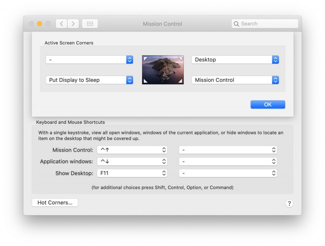 صفحه Hot Corners پس از انتخاب Put Display to Sleep