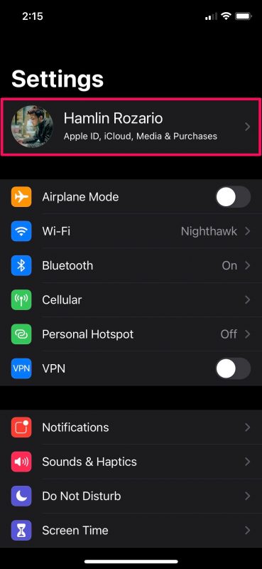 صفحه Settings در سیستم عامل آی او اس
