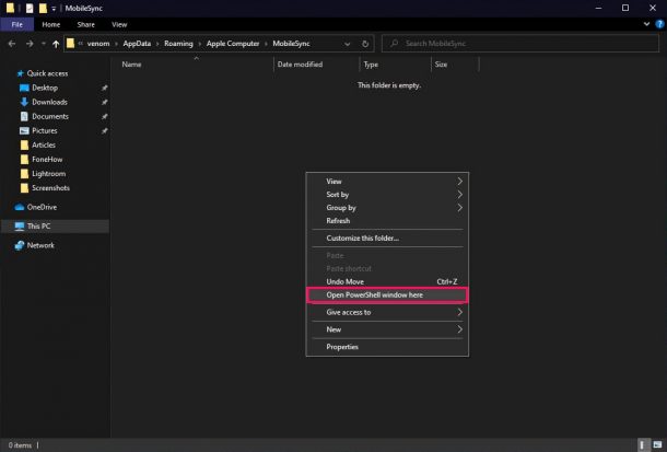 انتخاب گزینه Open PowerShell window here از منوی باز شده