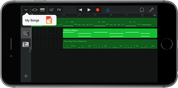باز شدن منوی My Songs در اپلیکیشن GarageBand روی آیفون