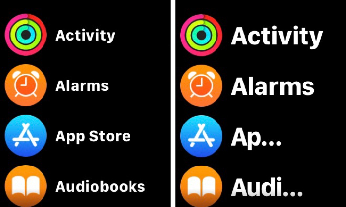 تفاوت قبل و بعد از افزایش سایز فونت در Apple Watch