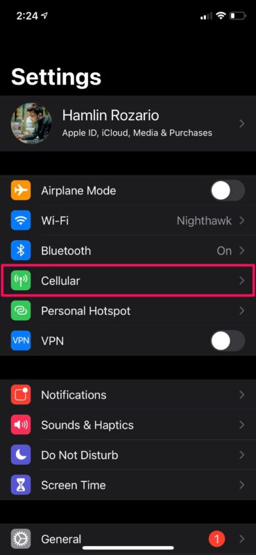 صفحه تنظیمات آيفون و ورود به منوی Cellular