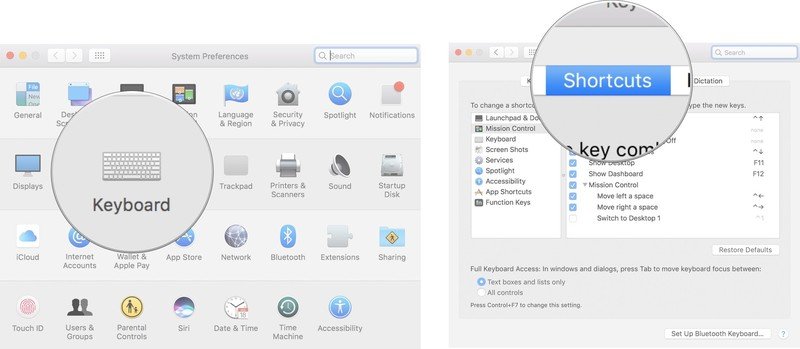 مراحل ورود به تب Shortcuts در تنظیمات کیبورد مک او اس