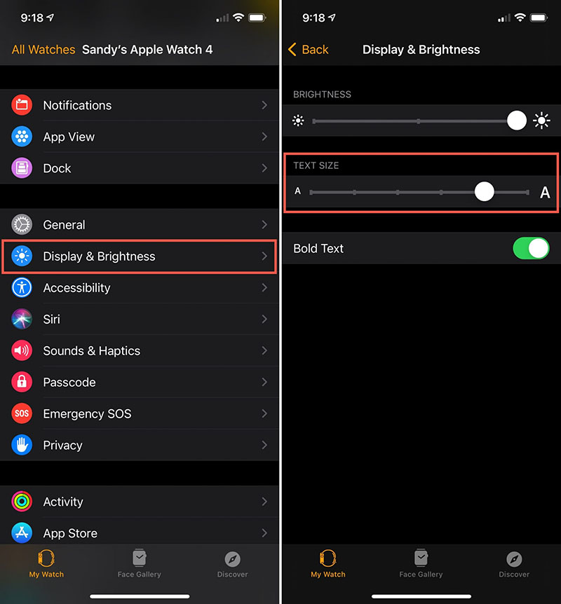 مراحل تغییر سایز فونت اپل واچ از طریق اپلیکیشن Watch