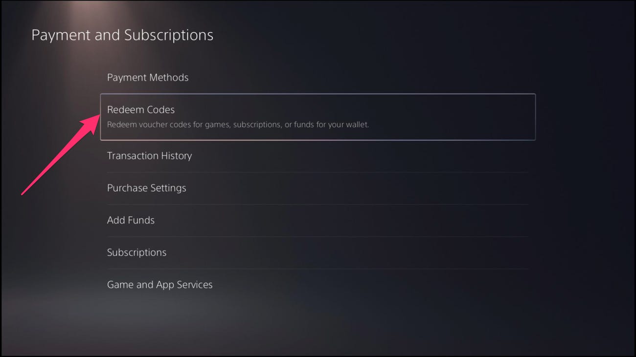 گزینه Redeem Codes در PS5