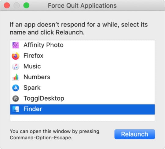 پنجره Force Quit در سیستم عامل مک