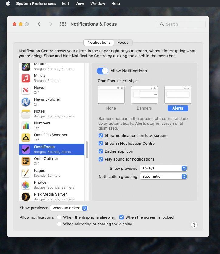 پنجره تنظیم نوتیفیکیشن‌های نرم افزار OmniFocus
