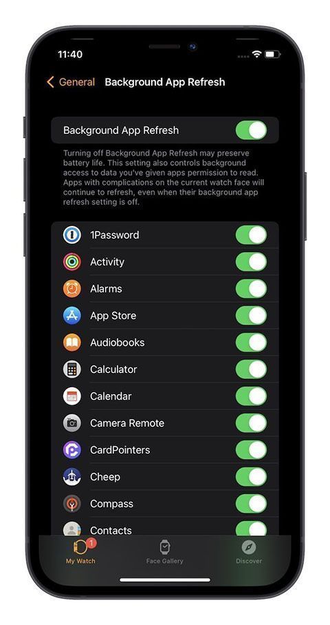 صفحه Background App Refresh در اپلیکیشن Watch