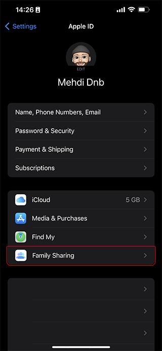 نمایی از پنجره تنظیمات Apple ID