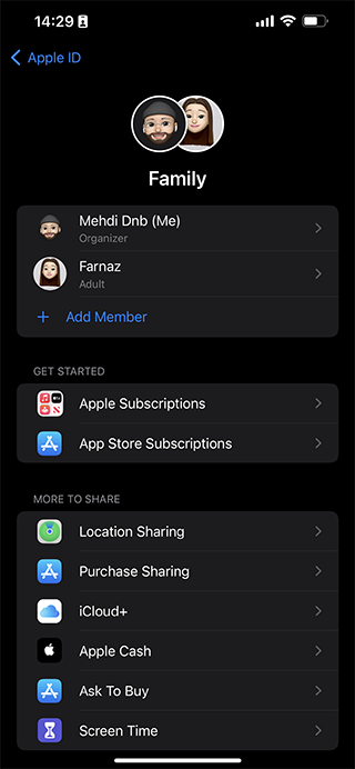 صفحه مشخصات Family Sharing در آيفون