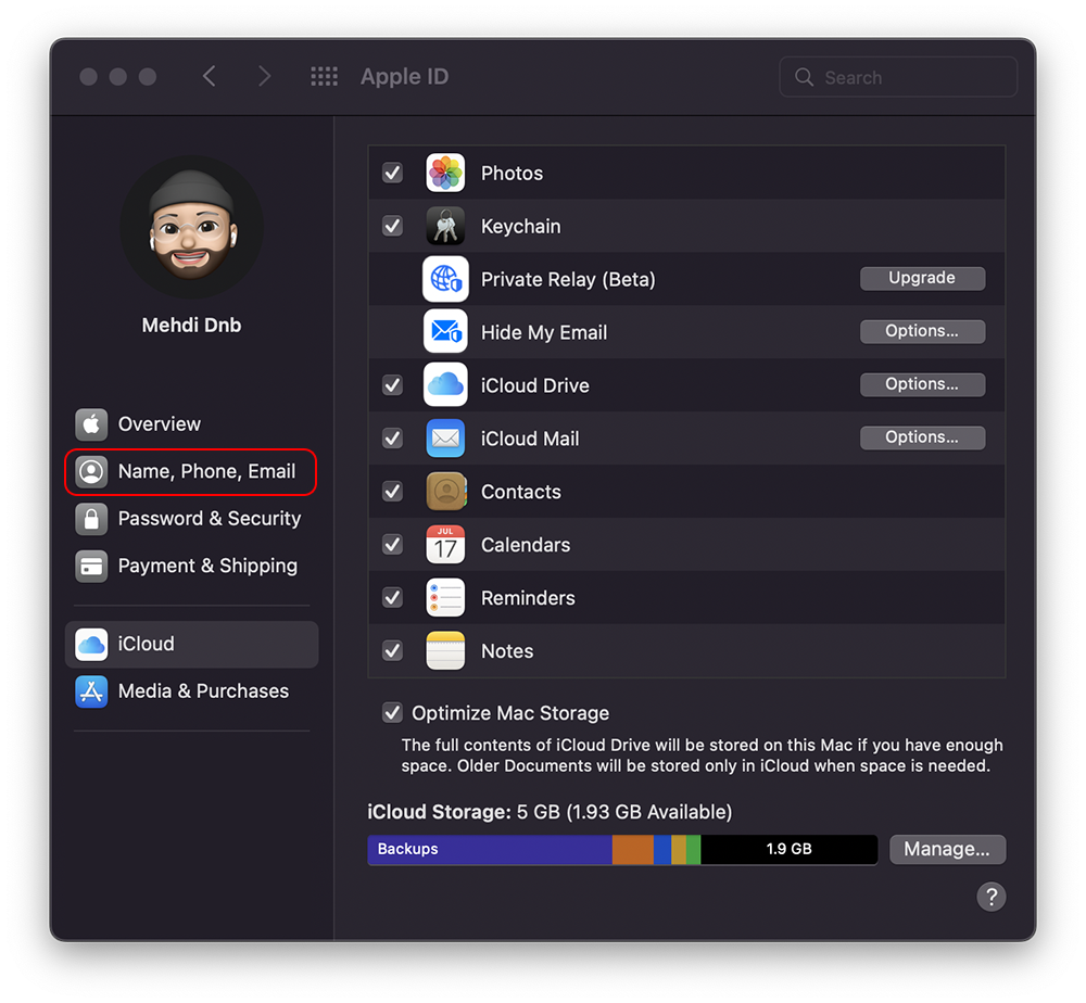 نمایی از پنجره تنظیمات Apple ID