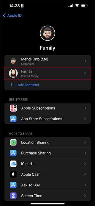 صفحه Family Sharing پس از دعوت