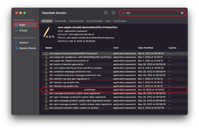 نمایی از پنجره Keychain Access