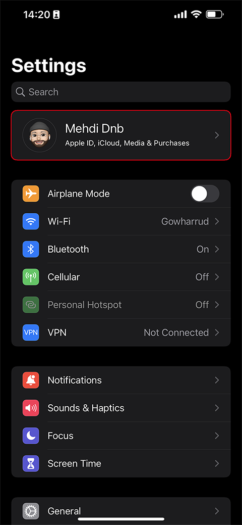 نمایی از منوی Settings آیفون