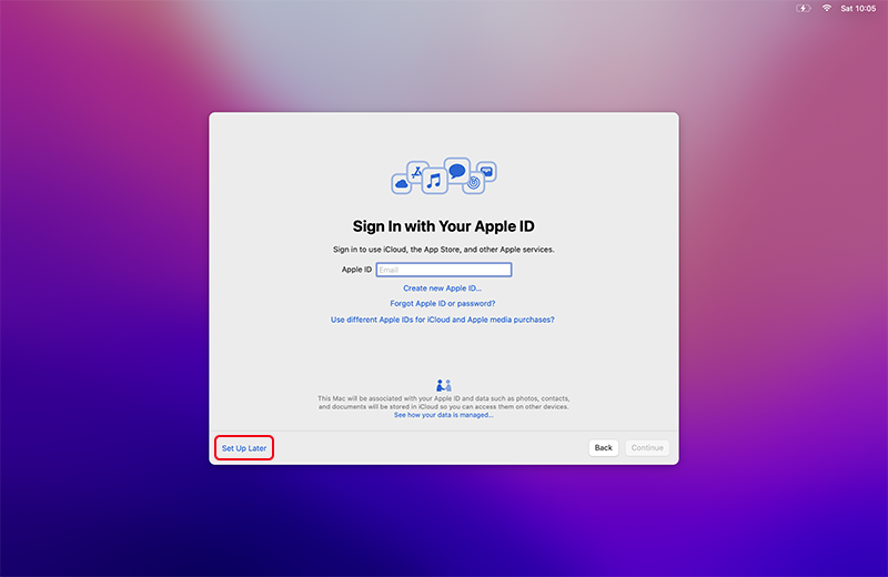 نمایی از پنجره ورود اپل آیدی هنگام راه اندازی macOS