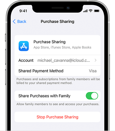 صفحه Purchase Sharing در آيفون