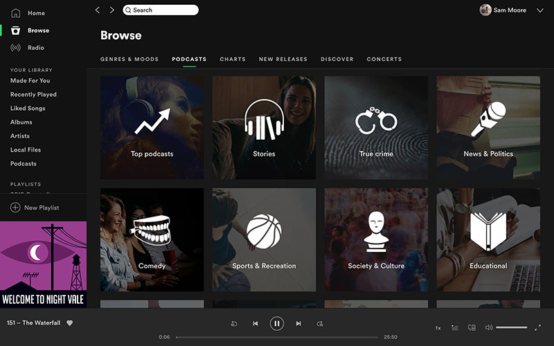 نمایی از بخش Podcasts در وب سایت اسپاتیفای