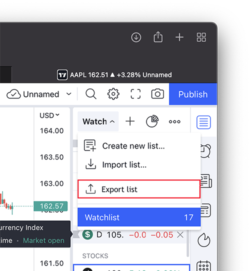 نمایی از منوی Watchlist در Trading View