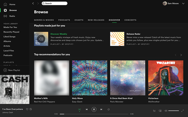 نمایی از بخش Browse در نسخه دسکتاپ Spotify