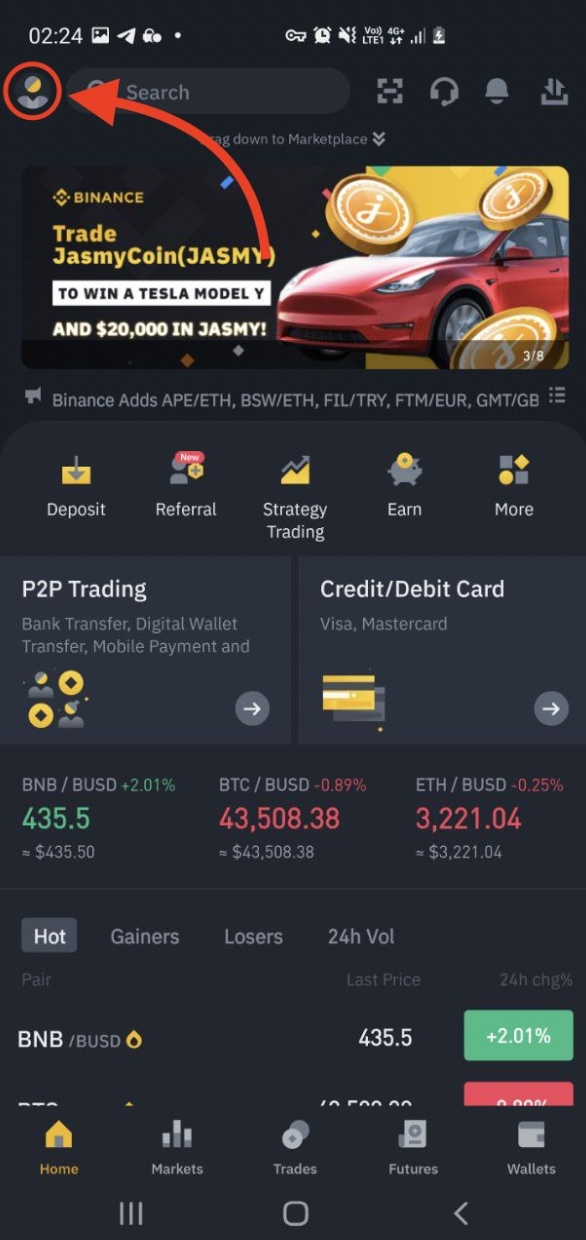 ورود به پروفایل در اپ بایننس