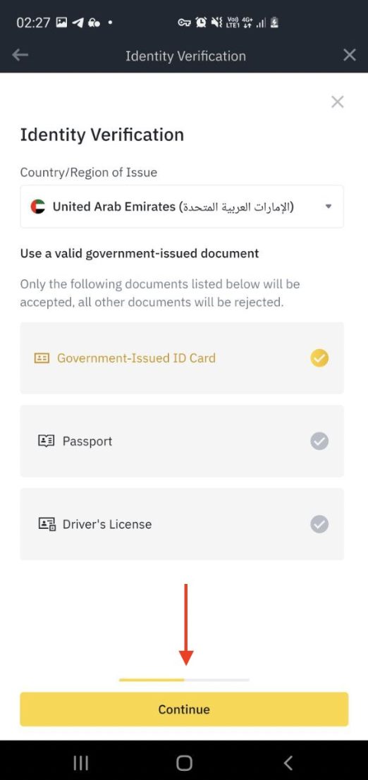 انتخاب نوع مدرک شناسایی در Binance