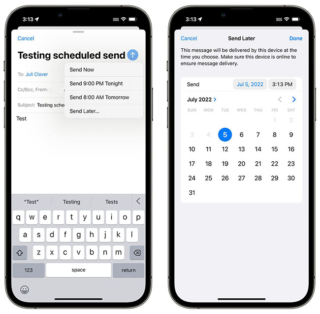 نمایی از قابلیت زمان بندی ارسال ایمیل در iOS 16