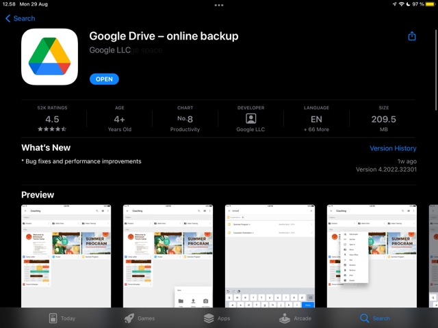 تصویری از Google Drive در اپ استور