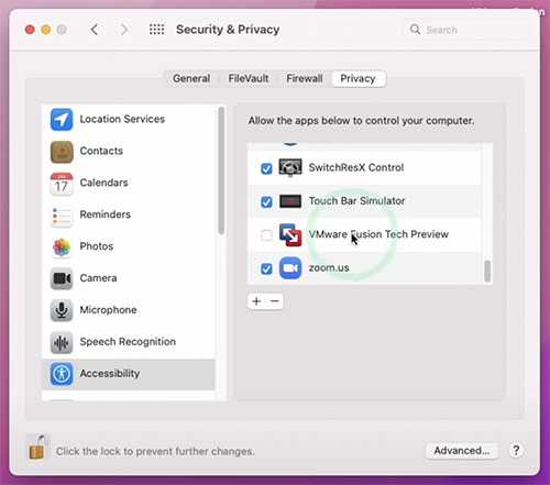 نمایی از پنجره Security & Privacy در مک