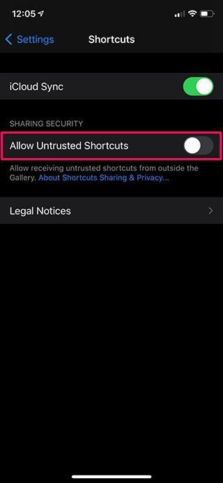 تصویری از تنظیمات Shortcuts