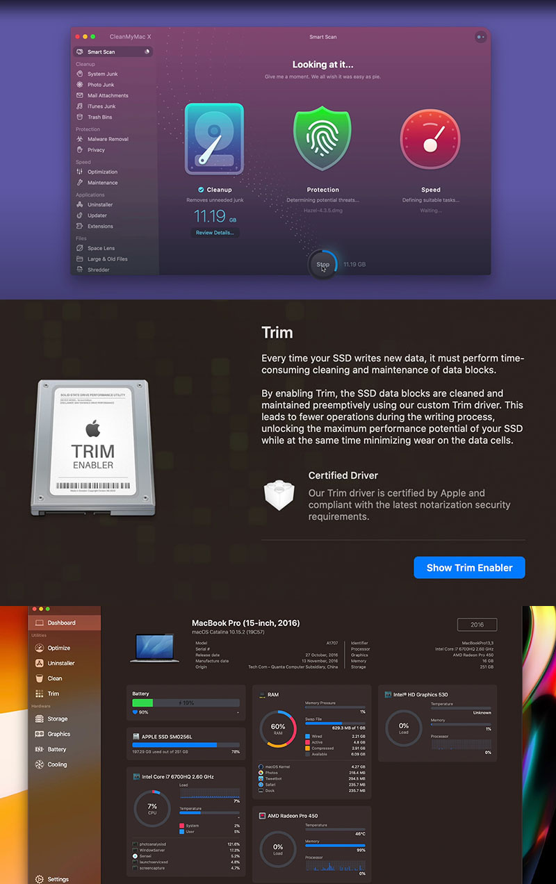 محیط کاربری Clean My Mac و Sensei