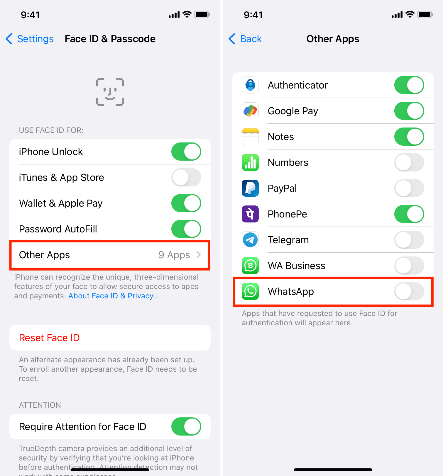 تنظیمات فیس آیدی برای WhatsApp