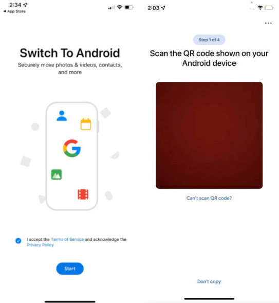 اسکن کد QR برای انتقال اطلاعات از آیفون به اندروید