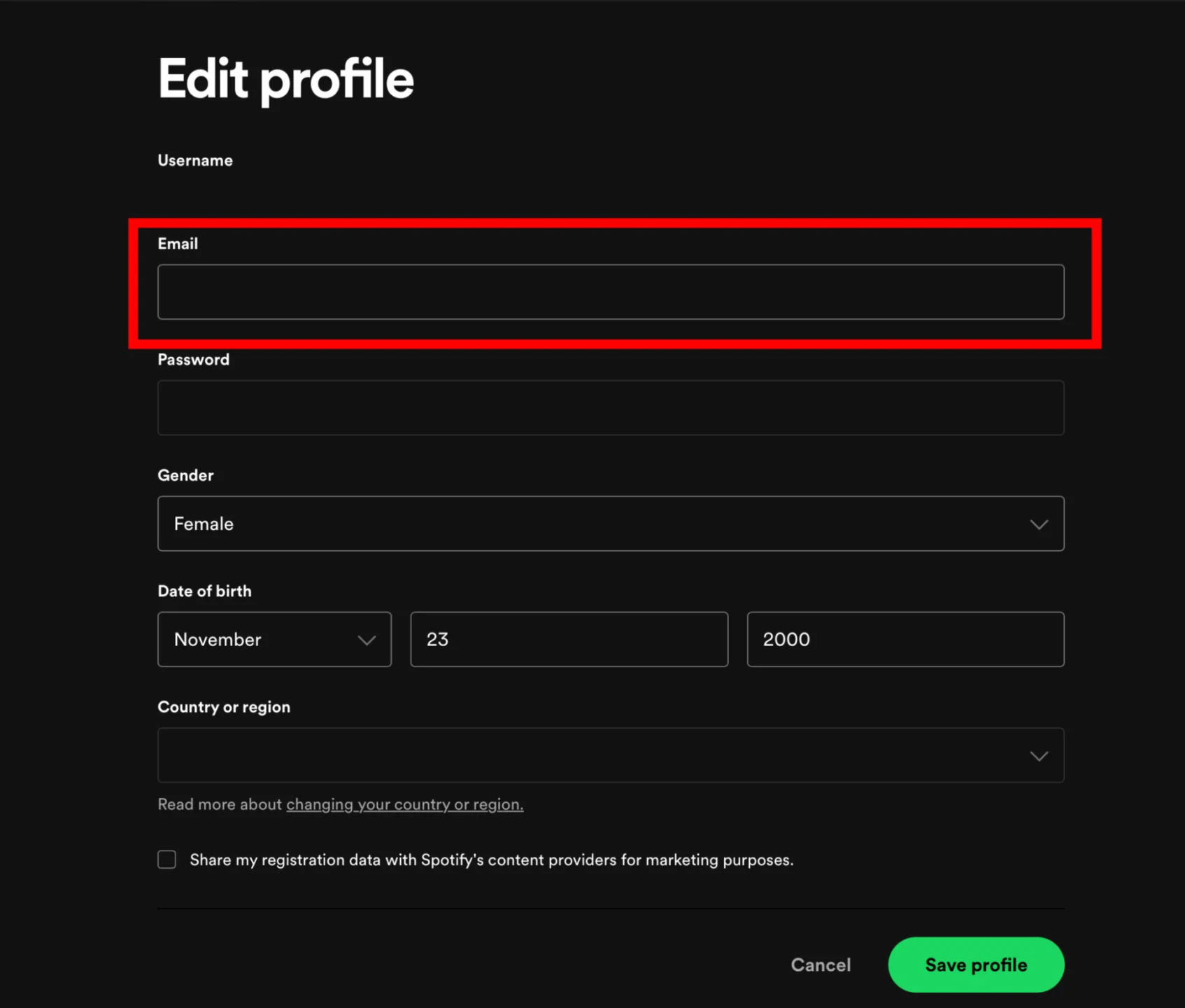 تغییر ایمیل Spotify