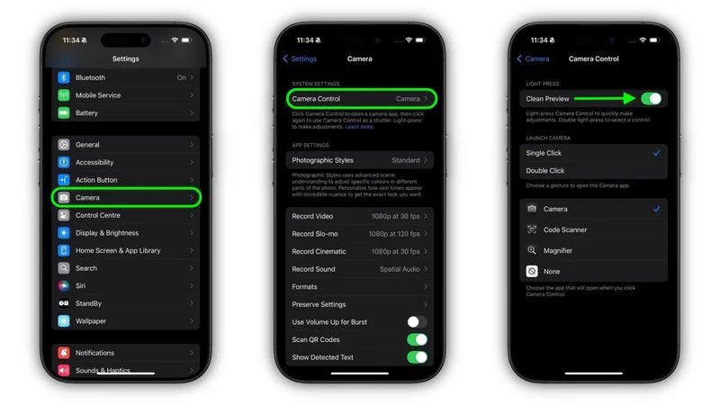 حالت Clean Preview دکمه کمرا کنترل آیفون