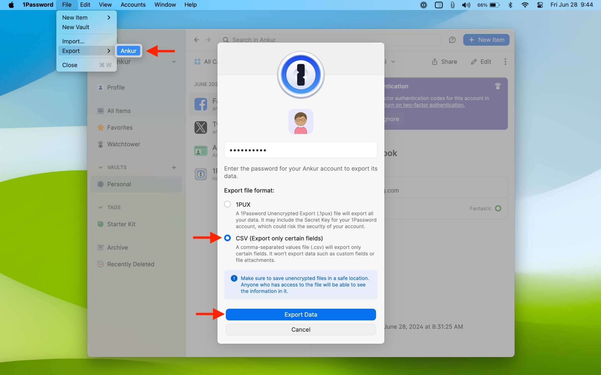 اکسپورت کردن رمزهای عبور از 1Password روی مک