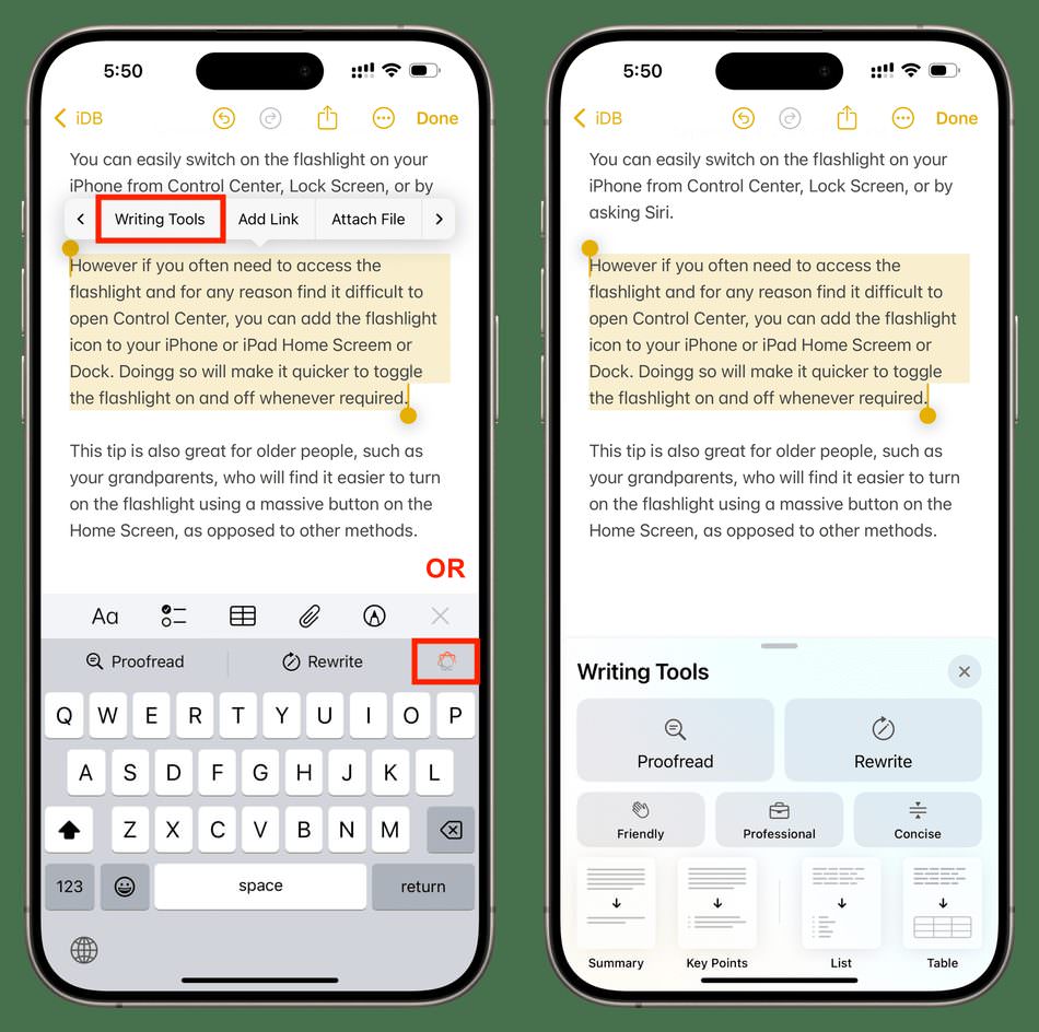 دسترسی به Writing Tools در آیفون
