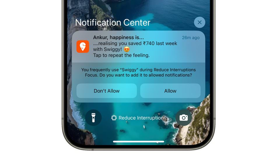 نوتیفیکیشن‌ها در طول فعال بودن Reduce Interruptions