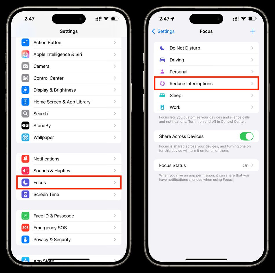 فعال‌سازی قابلیت Reduce Interruptions در آیفون