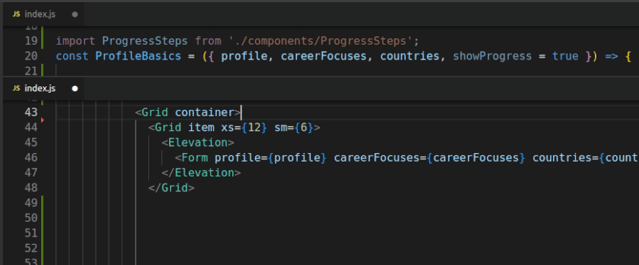 نمایشی از محیط VSCode که نشان میدهد چگونه GitHub Copilot با پیشنهاد الگوی Grid از MaterialUI و نمایش شرطی در React، به کدنویسی سریعتر و هوشمندانهتر کمک میکند.