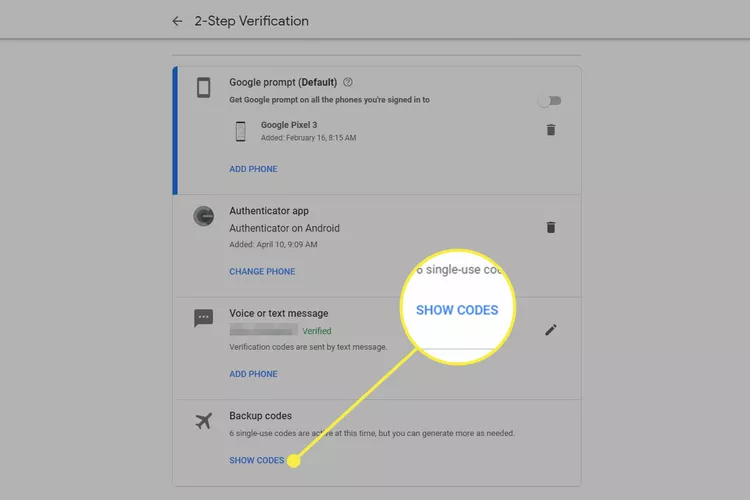 گزینه Show Codes در مراحل تایید دو مرحله‌ای گوگل